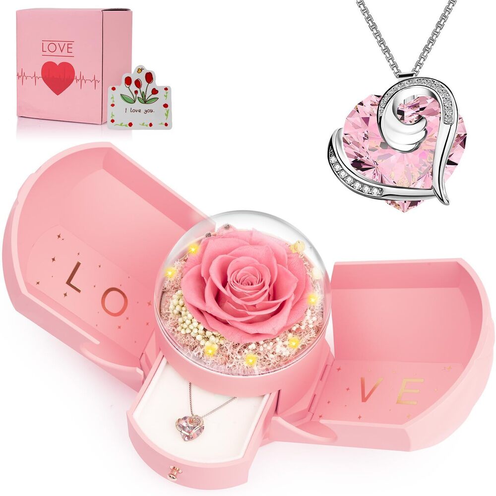 1017 Preserved Real Pink Rose with Necklace Forever Flowers Rose Birthday